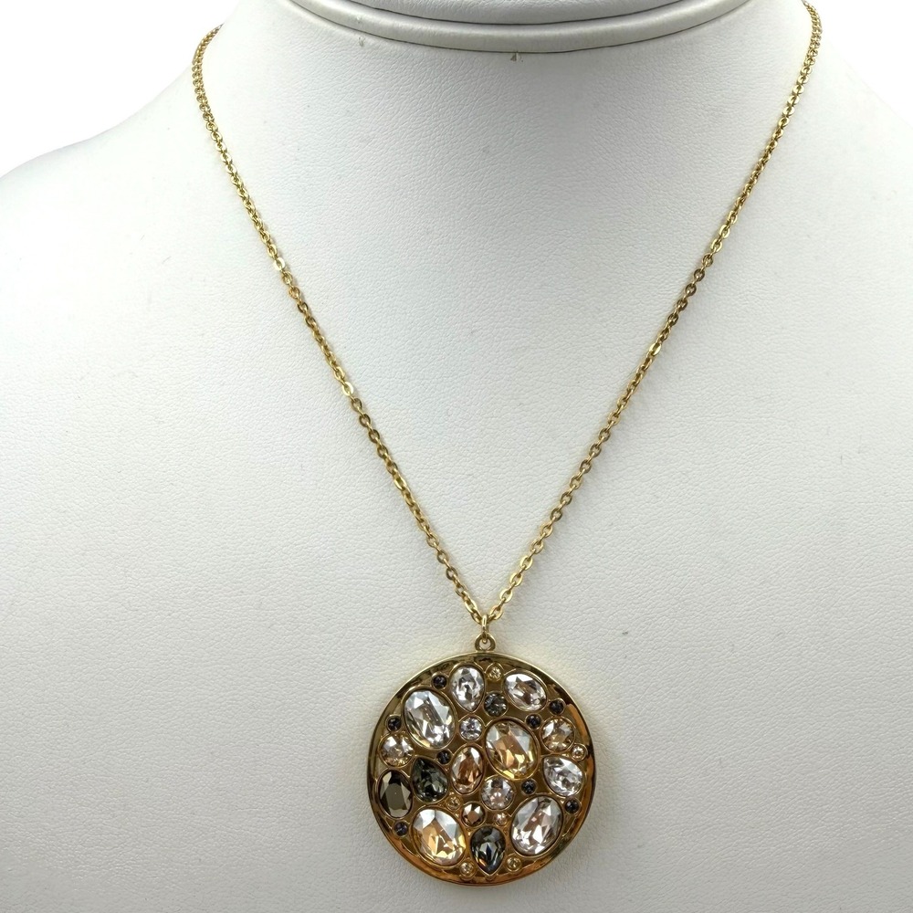 Swarovski 16" Necklace Gold Tone Crystal Pave Disc Pendant